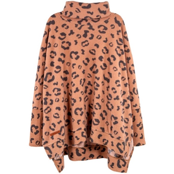 Simply Southern Sweaters - Leopard Print Turtleneck Poncho Top With Sleeves